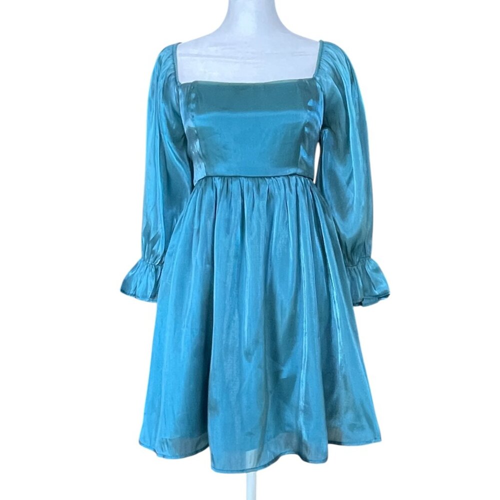 Teal Shimmer Babydoll Puff-Sleeve Mini Dress – Mermaid/Cottagecore -  Size L